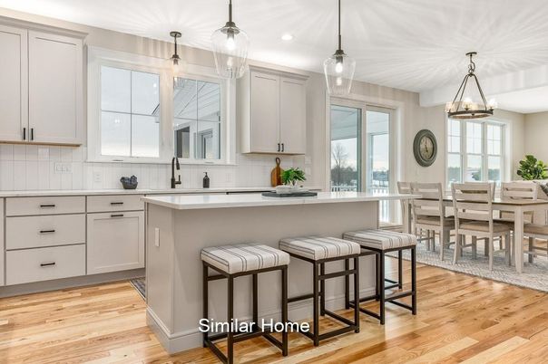 Dining room, Interior, Kitchen, Pendant Lights, Recessed Lighting, Wood Texture Flooring