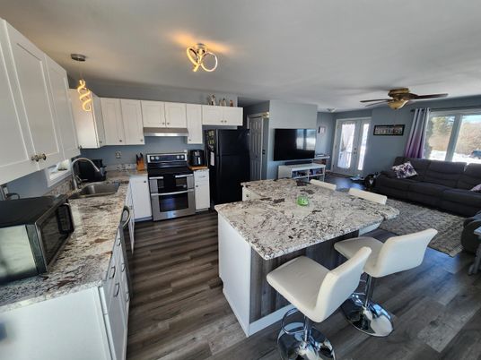 Interior, Kitchen, Living room, Pendant Lights, Stainless Steel Appliances, Wood Texture Flooring