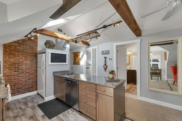 Interior, Kitchen, Stone Walls, Wooden Beams, Wood Texture Flooring