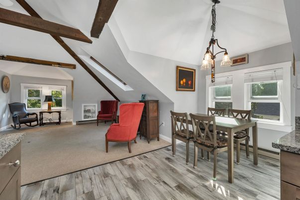 Dining room, Interior, Pendant Lights, Wooden Beams, Wood Texture Flooring