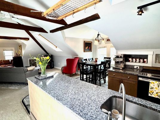 Dining room, Interior, Kitchen, Living room, Pendant Lights, Stainless Steel Appliances, Wooden Beams