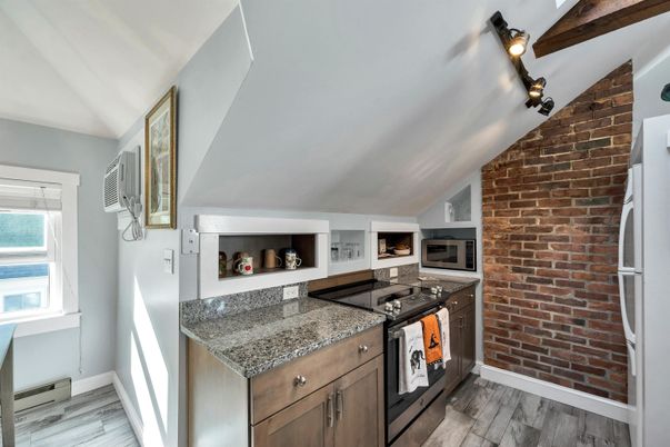 Interior, Kitchen, Stainless Steel Appliances, Stone Walls, Wood Texture Flooring
