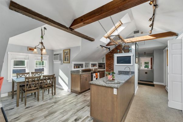 Dining room, Fireplace, Interior, Kitchen, Pendant Lights, Wooden Beams, Wood Texture Flooring