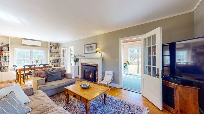 Dining room, Fireplace, Interior, Living room, Wood Texture Flooring