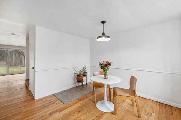 Dining room, Interior, Pendant Lights, Wood Texture Flooring