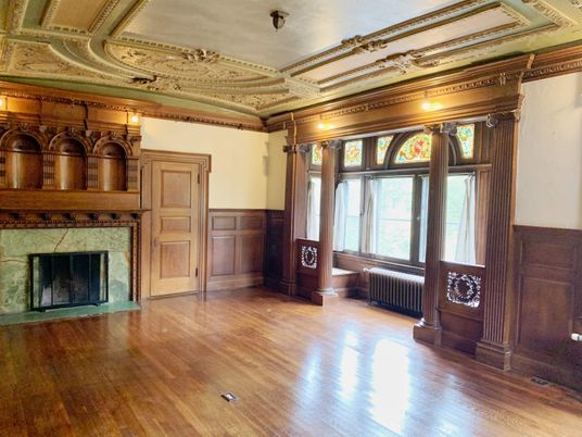 Empty room, Fireplace, Interior, Recessed Lighting, Wood Texture Flooring