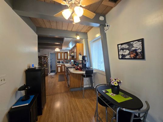 Dining room, Interior, Kitchen, Pendant Lights, Wood Texture Flooring