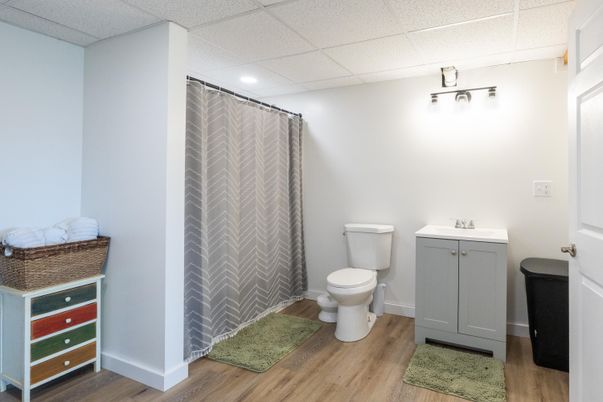 Bathroom, Interior, Recessed Lighting, Wood Texture Flooring