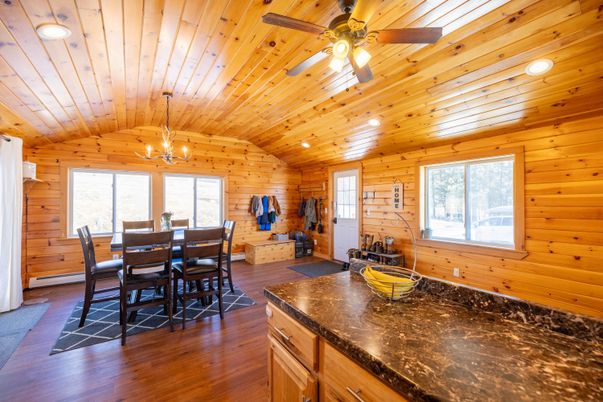 Dining room, Interior, Recessed Lighting, Wooden Ceilings, Wood Texture Flooring, Wooden Walls
