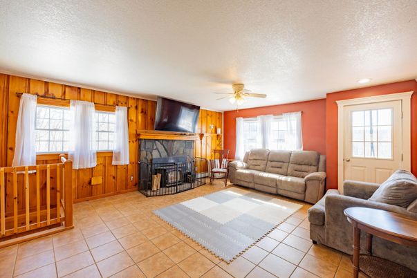 Fireplace, Interior, Living room, Recessed Lighting, Wooden Walls