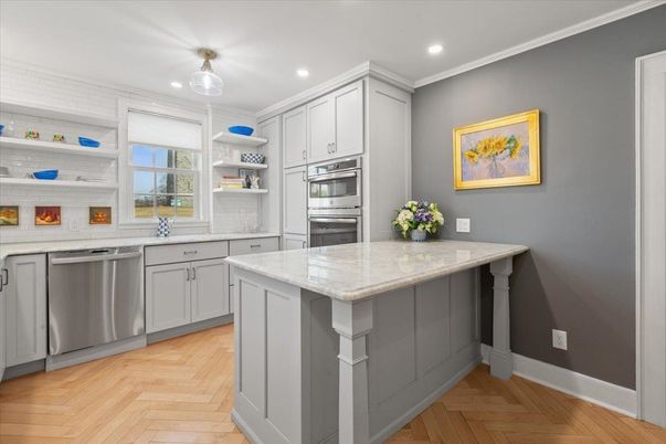 Interior, Kitchen, Recessed Lighting, Stainless Steel Appliances, Wood Texture Flooring