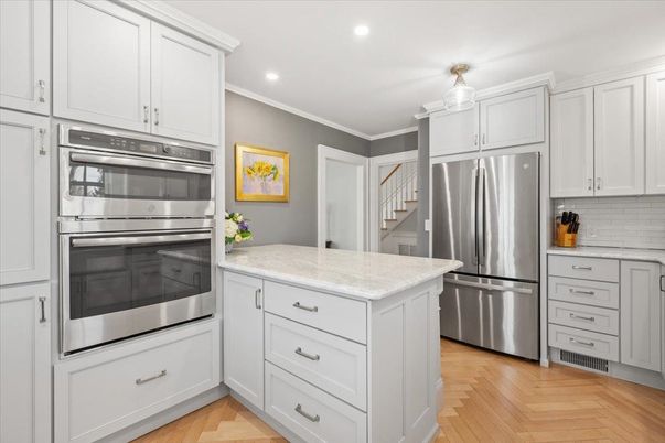 Interior, Kitchen, Recessed Lighting, Stainless Steel Appliances, Wood Texture Flooring