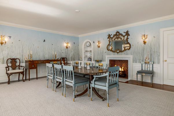 Dining room, Fireplace, Interior, Wood Texture Flooring