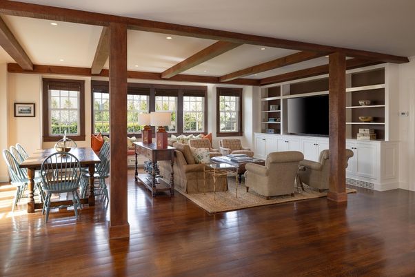 Dining room, Interior, Living room, Recessed Lighting, Wooden Beams, Wood Texture Flooring