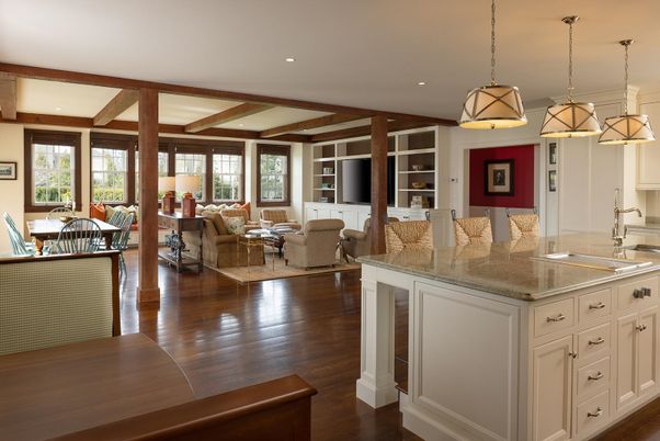 Dining room, Interior, Living room, Pendant Lights, Recessed Lighting, Wooden Beams, Wood Texture Flooring