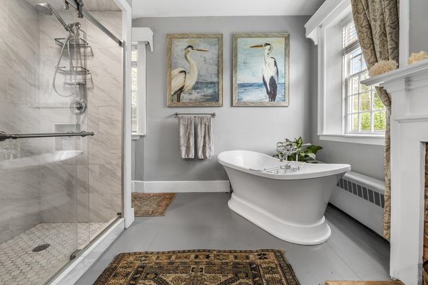 Bathroom, Free Standing Baths, Glass Shower, Interior, Marble Walls