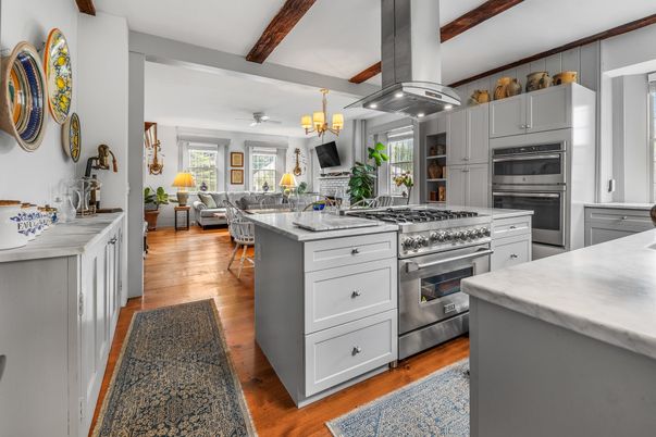 Chandelier, Interior, Kitchen, Living room, Stainless Steel Appliances, Wooden Beams, Wood Texture Flooring