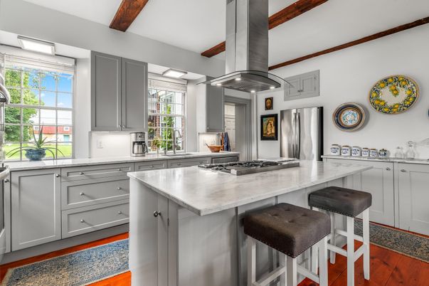 Interior, Kitchen, Recessed Lighting, Stainless Steel Appliances, Wooden Beams, Wood Texture Flooring