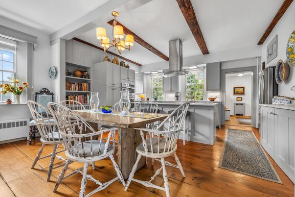 Chandelier, Dining room, Interior, Kitchen, Wooden Beams, Wood Texture Flooring