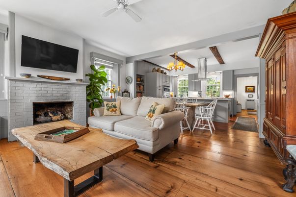 Chandelier, Dining room, Fireplace, Interior, Kitchen, Living room, Wooden Beams, Wood Texture Flooring
