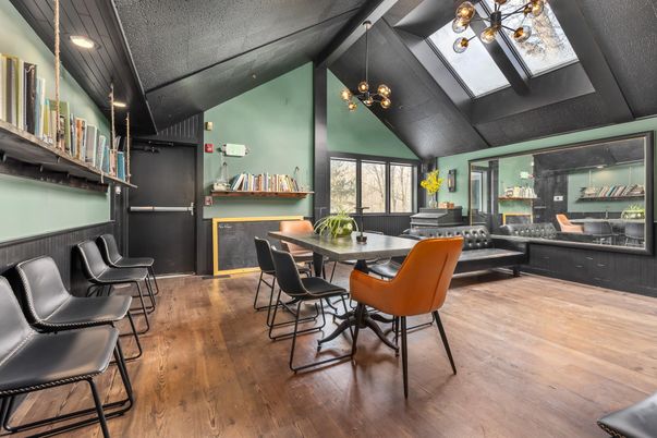 Dining room, Fireplace, Interior, Pendant Lights, Recessed Lighting, Wood Texture Flooring