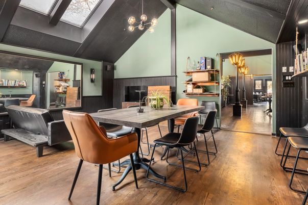 Dining room, Fireplace, Interior, Living room, Pendant Lights, Wood Texture Flooring