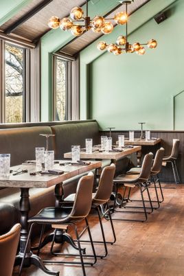 Dining room, Interior, Pendant Lights, Wood Texture Flooring