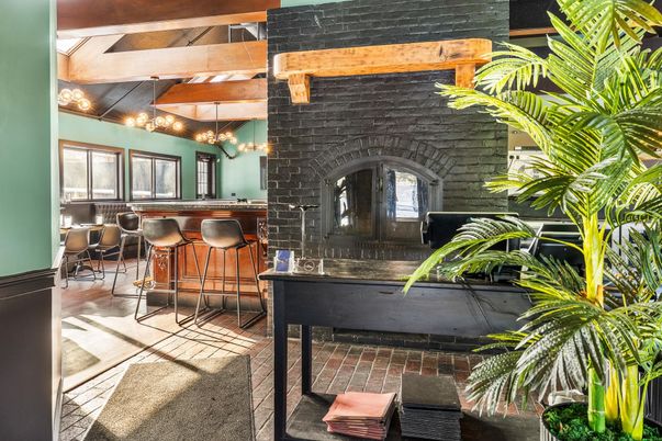 Dining room, Fireplace, Interior, Pendant Lights, Wooden Beams