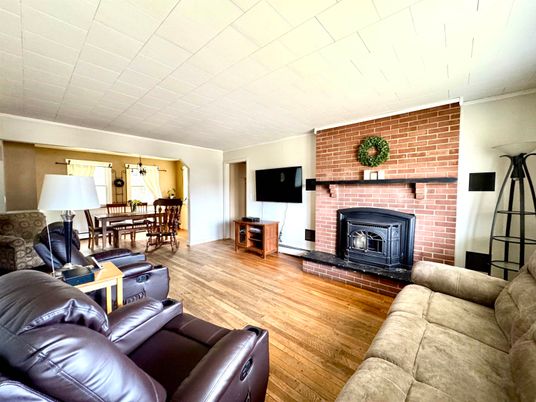 Dining room, Fireplace, Interior, Living room, Stone Walls, Wood Texture Flooring