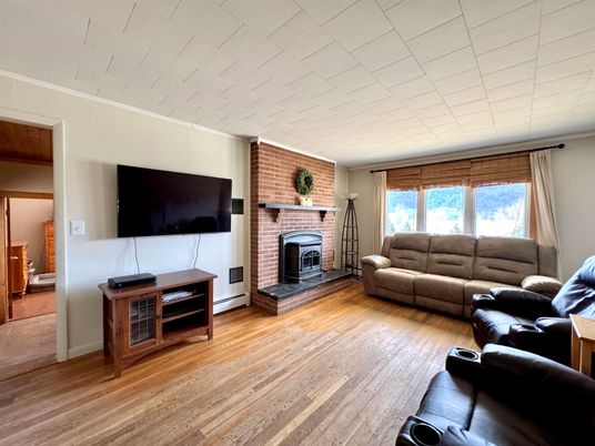 Fireplace, Interior, Living room, Stone Walls, Wood Texture Flooring