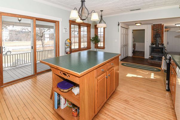 Fireplace, Interior, Kitchen, Pendant Lights, Wood Texture Flooring