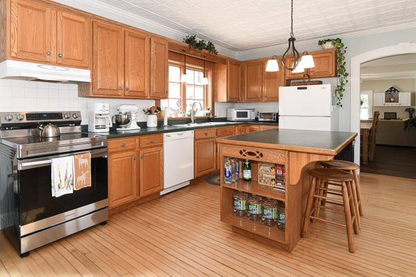 Interior, Kitchen, Pendant Lights, Stainless Steel Appliances, Wood Texture Flooring