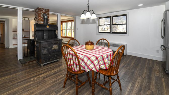 Dining room, Interior, Pendant Lights, Recessed Lighting, Wood Texture Flooring
