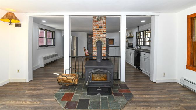Fireplace, Interior, Kitchen, Pendant Lights, Recessed Lighting, Wood Texture Flooring