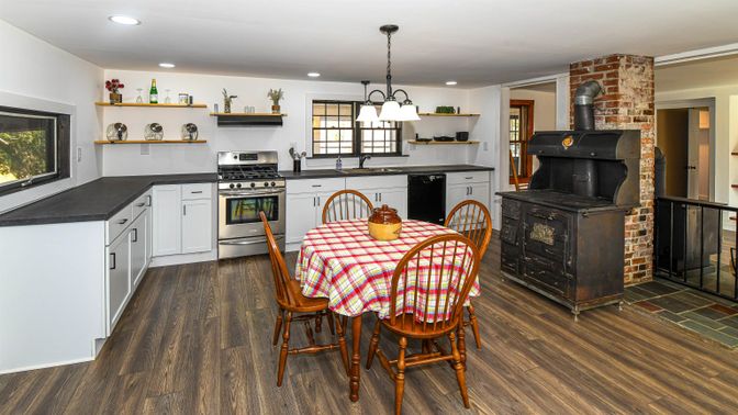 Interior, Kitchen, Pendant Lights, Recessed Lighting, Stainless Steel Appliances, Stone Walls, Wood Texture Flooring
