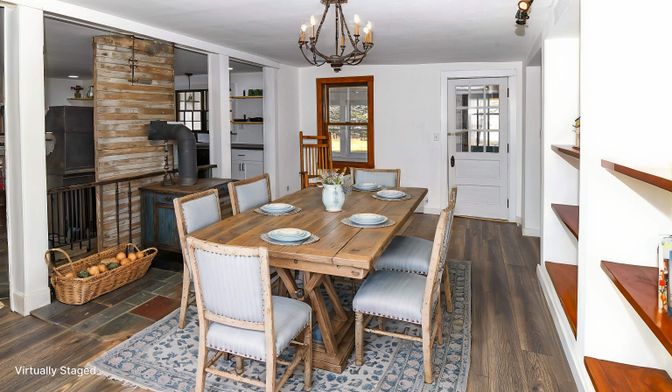 Chandelier, Dining room, Interior, Kitchen, Stone Walls, Wood Texture Flooring