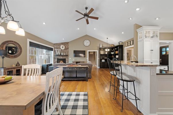 Dining room, Fireplace, Interior, Kitchen, Living room, Pendant Lights, Recessed Lighting, Stone Walls, Wood Texture Flooring