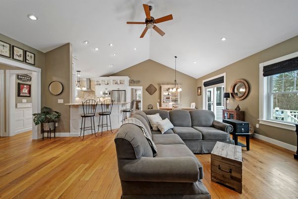 Chandelier, Dining room, Interior, Kitchen, Living room, Pendant Lights, Recessed Lighting, Wood Texture Flooring