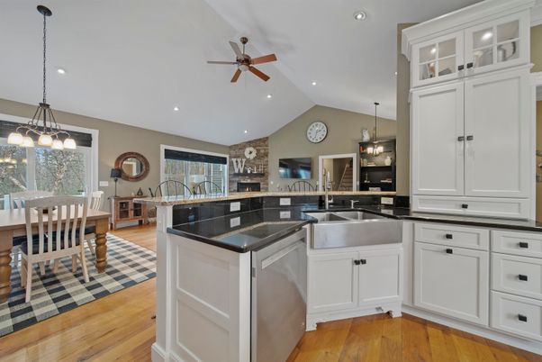 Dining room, Interior, Kitchen, Pendant Lights, Recessed Lighting, Stone Walls, Wood Texture Flooring