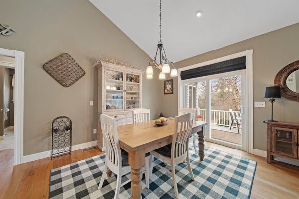 Dining room, Interior, Pendant Lights, Recessed Lighting, Wood Texture Flooring