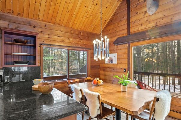 Dining room, Fireplace, Interior, Pendant Lights, Wooden Ceilings, Wood Texture Flooring, Wooden Walls