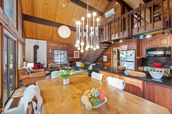 Dining room, Interior, Kitchen, Living room, Pendant Lights, Stainless Steel Appliances, Wooden Beams, Wooden Ceilings, Wood Texture Flooring, Wooden Walls