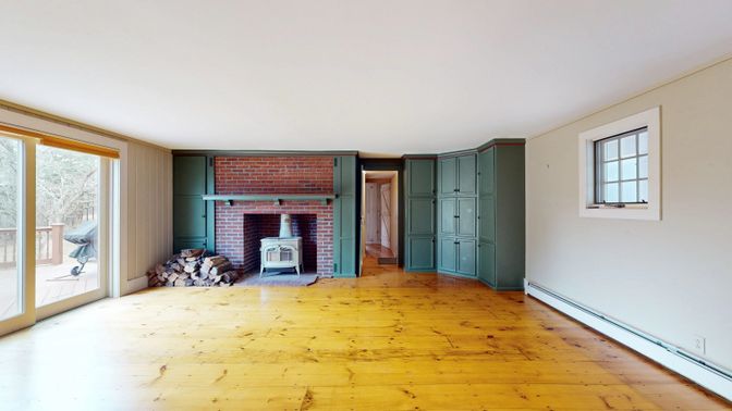 Empty room, Fireplace, Interior, Stone Walls, Wood Texture Flooring
