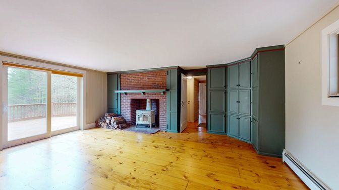 Empty room, Fireplace, Interior, Stone Walls, Wood Texture Flooring