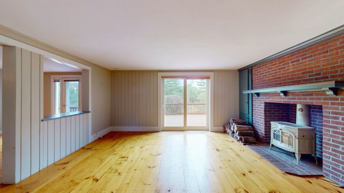 Empty room, Fireplace, Interior, Stone Walls, Wood Texture Flooring