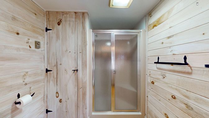 Bathroom, Glass Shower, Interior, Wooden Walls