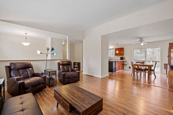 Dining room, Interior, Kitchen, Living room, Pendant Lights, Wood Texture Flooring