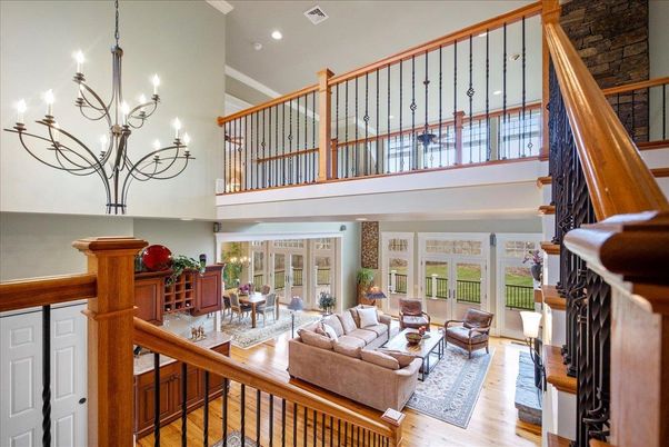 Chandelier, Fireplace, Interior, Living room, Recessed Lighting, Wood Texture Flooring