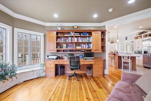 Home Office, Interior, Kitchen, Pendant Lights, Recessed Lighting, Wood Texture Flooring