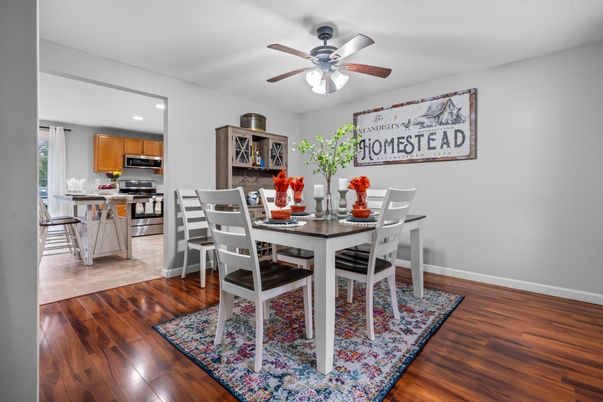 Dining room, Interior, Kitchen, Recessed Lighting, Stainless Steel Appliances, Wood Texture Flooring